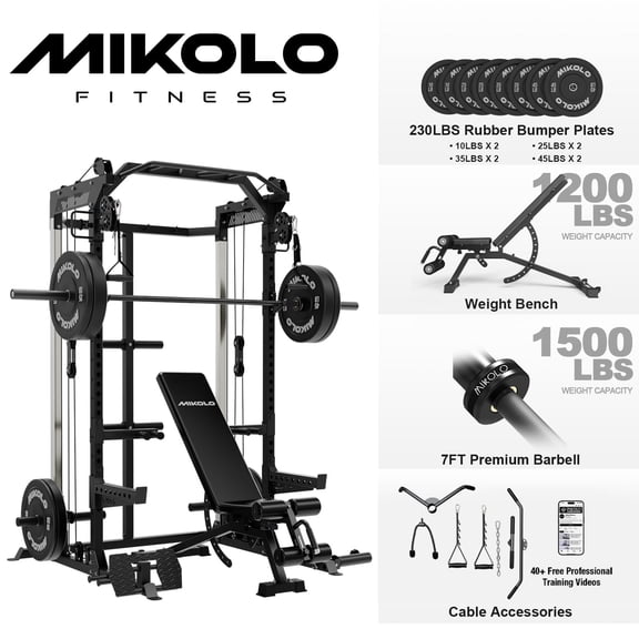 Mikolo Power Cage, Squat Rack With Dual Pulley Cable Crossover System, Multifunction Free Weight Home Gym Workout Machine with Weight Bench and Barbell and 230LB Weight Plates