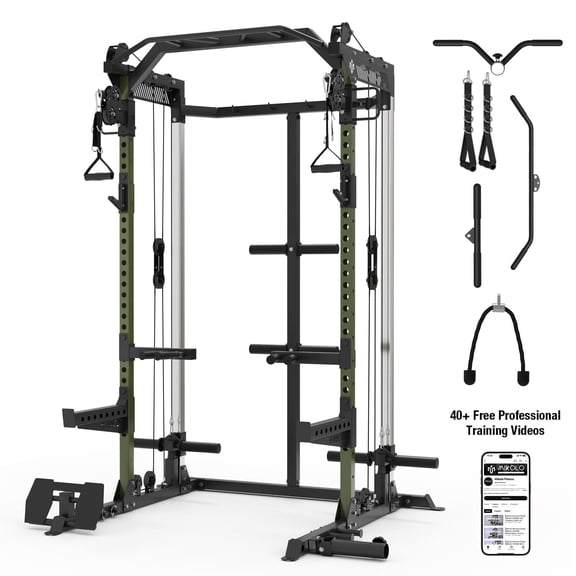 Mikolo Power Cage, Squat Rack with Dual Pulley Cable Crossover System, Multifunction Free Weight Home Gym Green Workout Machine