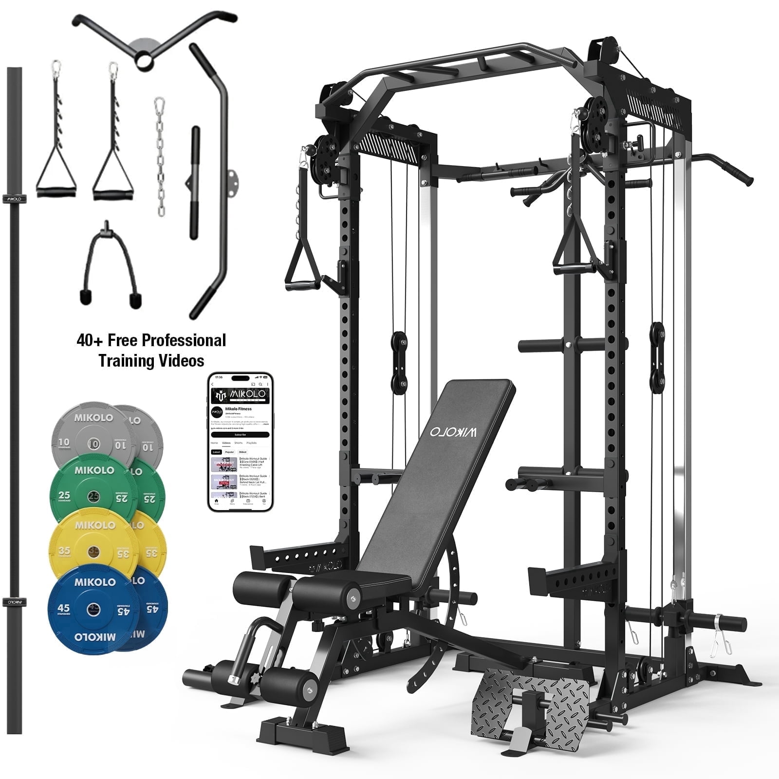 Mikolo Power Cage, Squat Rack with Dual Pulley Cable Crossover System, Multifunction Free Weight Home Gym Workout Machine with 230 Plate Set(B230)
