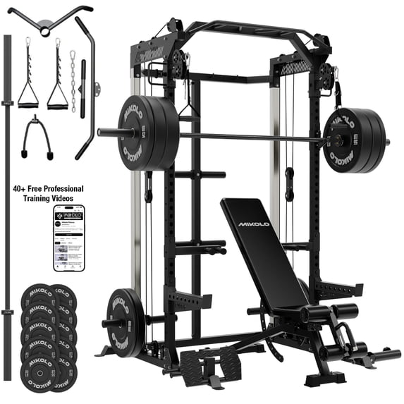 Mikolo Power Cage, Squat Rack with Dual Pulley Cable Crossover System, Multifunction Free Weight Workout Machine with 230 Weight Plates