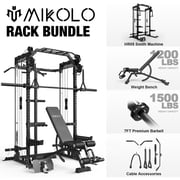 Mikolo Power Cage, Squat Rack with Dual Pulley Cable Crossover System, Multifunction Free Weight Home Gym Workout Machine with Weight Bench and Barbell