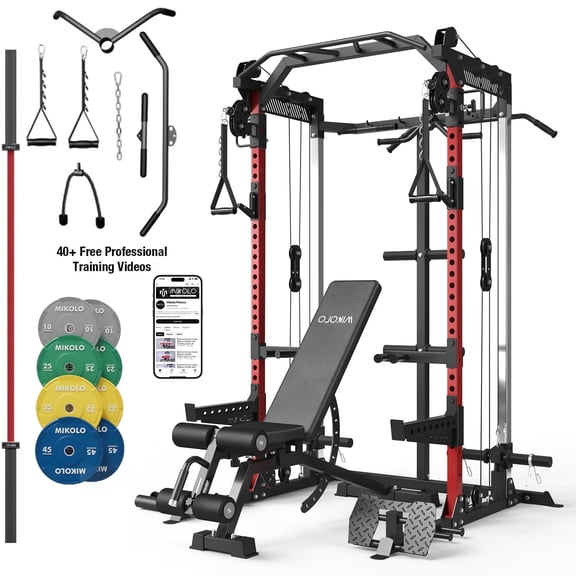 Mikolo Power Cage, Squat Rack with Dual Pulley Cable Crossover System, Multifunction Free Weight Home Gym Workout Machine with Attachments Red