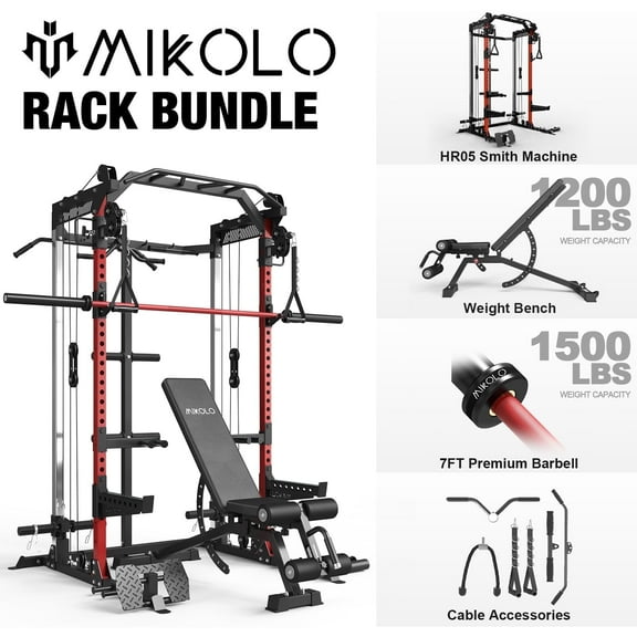 Mikolo Power Cage, Squat Rack with Dual Pulley Cable Crossover System, Multifunction Free Weight Home Gym Workout Machine with Attachments Red