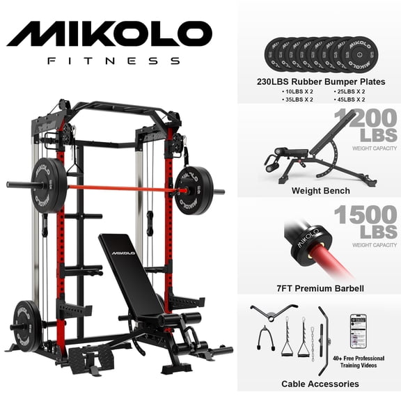 Mikolo Power Cage, Squat Rack with Dual Pulley Cable Crossover System, Multifunction Free Weight Home Gym Workout Machine with Weight Bench and Red Barbell and 230LB Weight Plates