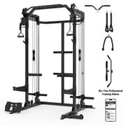 Mikolo Power Rack Cage, Weight Rack with Dual Pulley Cable Crossover Machine,Multi-Function Squat Rack with J Hooks,Dip Bars and Landmine for Home Gym Black
