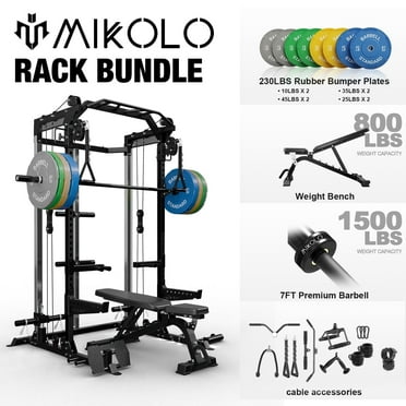 Mikolo Power Cage, Squat Rack with Dual Pulley Cable Crossover System, Multifunction Free Weight Home Gym Workout Machine with Attachments