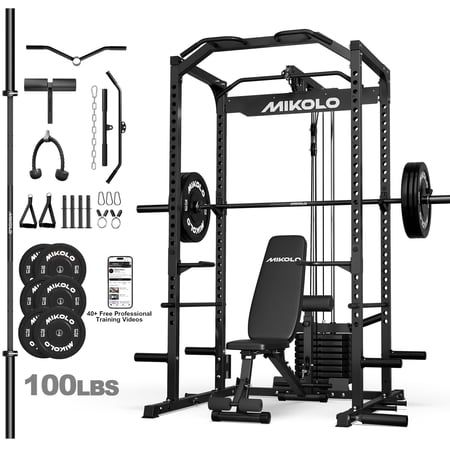 Mikolo Power Cage with Weight Stack Multi-Function Power Rack for Home Gym, 1500LBS Squat Rack & Bench for Strength Training, 100LBS Plates Combo Black