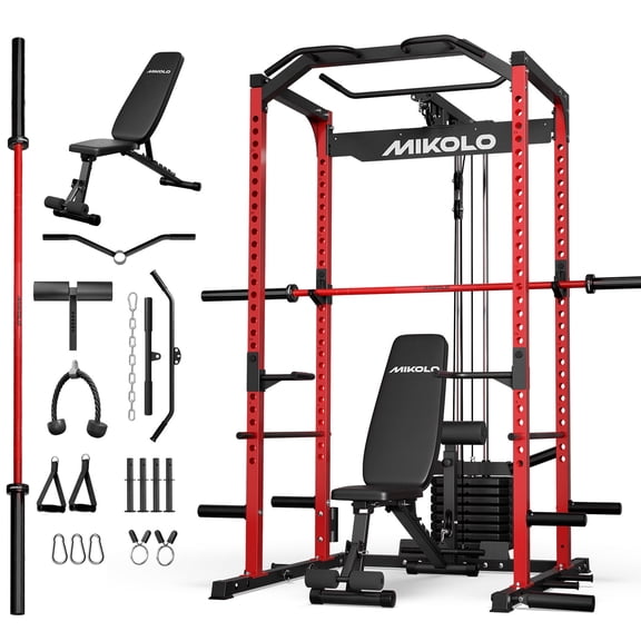 Mikolo Power Cage with Weight Stacks Multi-Fusnction Power Rack for Home Gym, Squat Rack, Cable Crossover System, for Strength Training Weight Banch & Barbell Combo Red