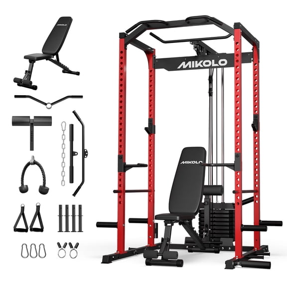 Mikolo Power Cage with 110LB Weight Stack Multi-Function Power Rack for Home Gym, 1200LBS Squat Rack & Weight Bench for Strength Training