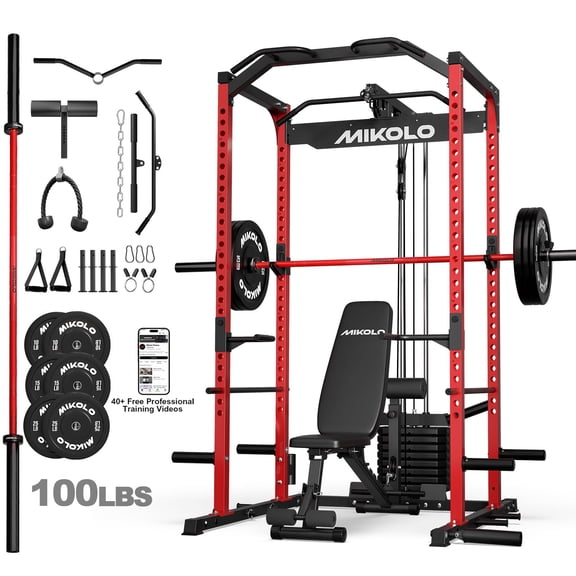 Mikolo Power Cage with Weight Stack Multi-Function Power Rack for Home Gym, 1500LBS Squat Rack & Bench for Strength Training, 100LBS Plates Combo Red