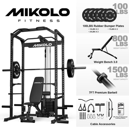 Mikolo Power Cage with Weight Stack Multi-Function Power Rack for Home Gym, 1500LBS Squat Rack for Strength Training, 100LBS Plates Combo Black