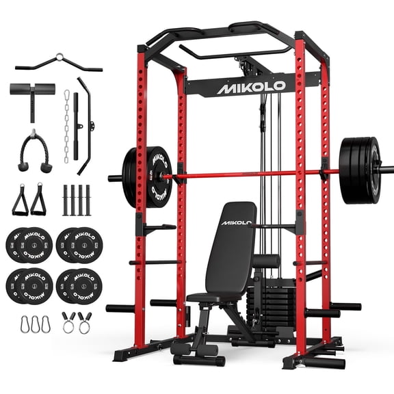 Mikolo Power Cage with Weight Stack Multi-Function Power Rack for Home Gym, 1500LBS Squat Rack for Strength Training, 230LB Plates package Red