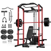 Mikolo Power Cage with Weight Stack Multi-Function Power Rack for Home Gym, 1500LBS Squat Rack for Strength Training, 230LB Plates package Red