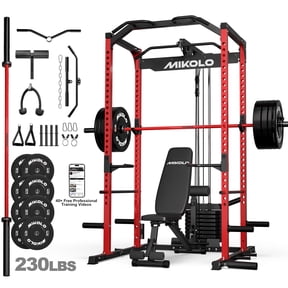 Mikolo Power Cage with Weight Stack Multi-Function Power Rack for Home Gym, 1500LBS Squat Rack for Strength Training, 230LB Plates package Red