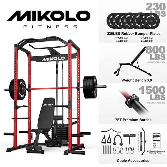 Mikolo Power Cage with Weight Stack Multi-Function Power Rack for Home Gym, 1500LBS Squat Rack for Strength Training, 230LBS Plates Combo Red