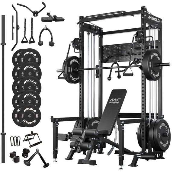 Mikolo Power Rack, 2000LB Capacity Power Cage with Dual Pulley Cable Crossover System, Multi-function Squat Rack For Home Gym
