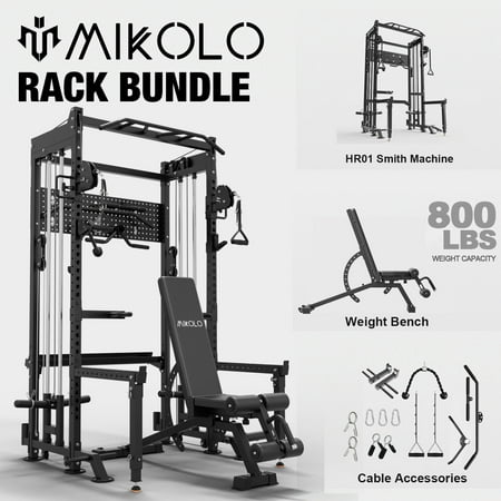 Mikolo Power Rack, 2000LB Capacity Power Cage with Dual Pulley Cable Crossover System, Multi-function Squat Rack wiht Weight Bench For Home Gym