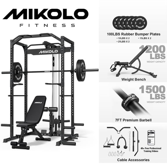 Mikolo Power Rack Cage, 1200LBS Weight Cage Home Gym with 800LB Capacity Adjustable Weight Bench, 1500LB Capacity Barbell and 100LB Black Plate Set, Black