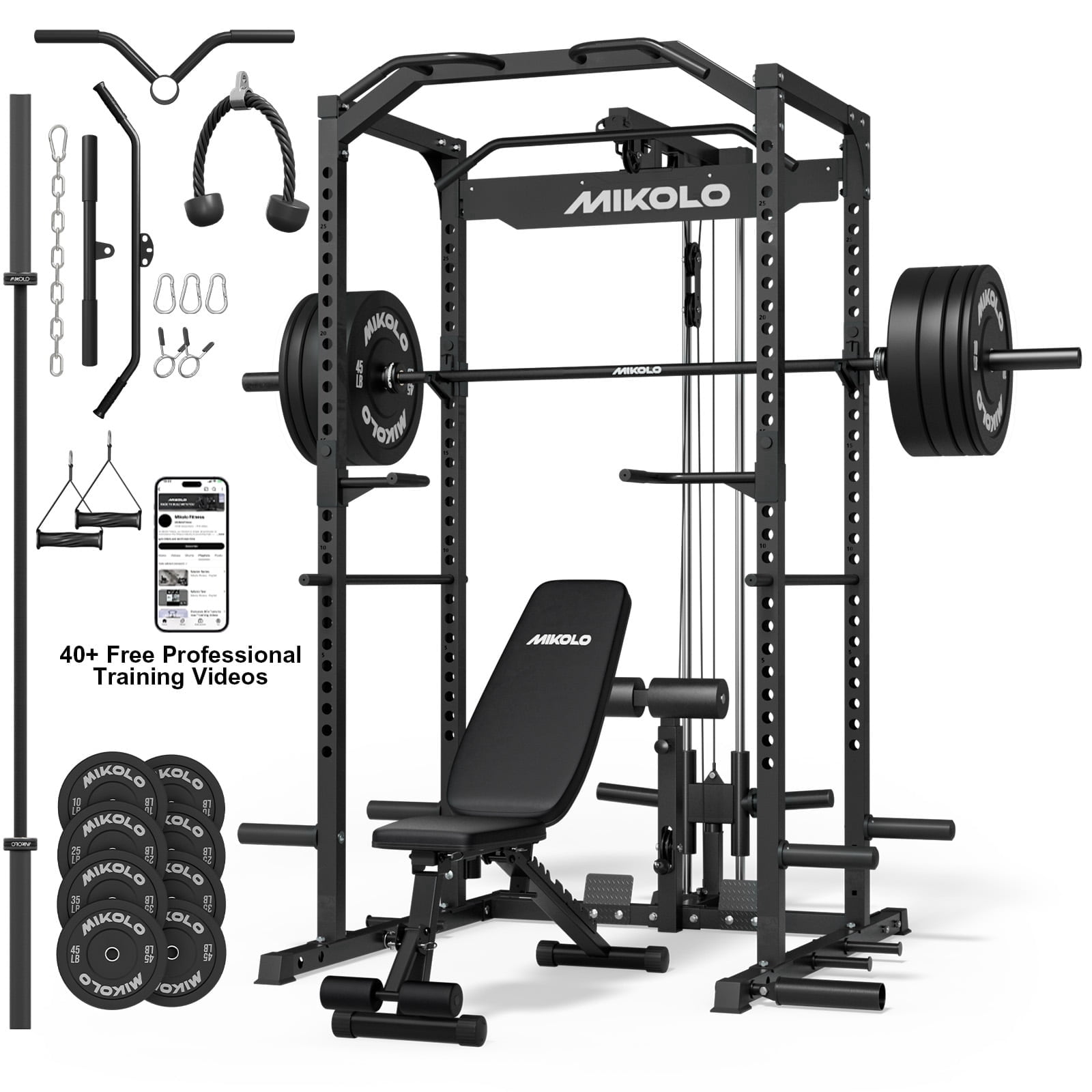 Mikolo Power Rack Cage, 1200LBS Weight Cage Home Gym with 800LB Capacity Adjustable Weight Bench, 1500LB Capacity Barbell and 230LB Black Plate Set