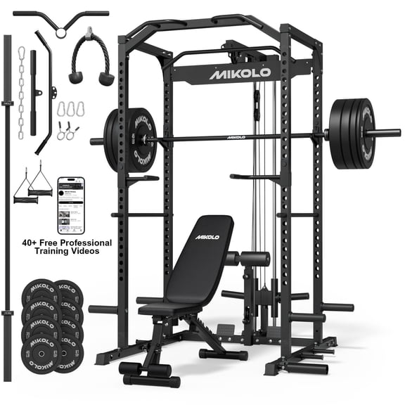 Mikolo Power Rack Cage, 1200LBS Weight Cage Home Gym with 800LB Capacity Adjustable Weight Bench, 1500LB Capacity Barbell and 230LB Black Plate Set