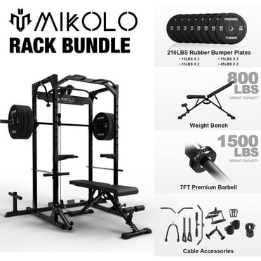 Mikolo Power Rack Cage, 1200LBS Weight Cage with 800LB Capacity Adjustable Weight Bench, 1500LB Capacity Barbell and 230LB Black Plate set