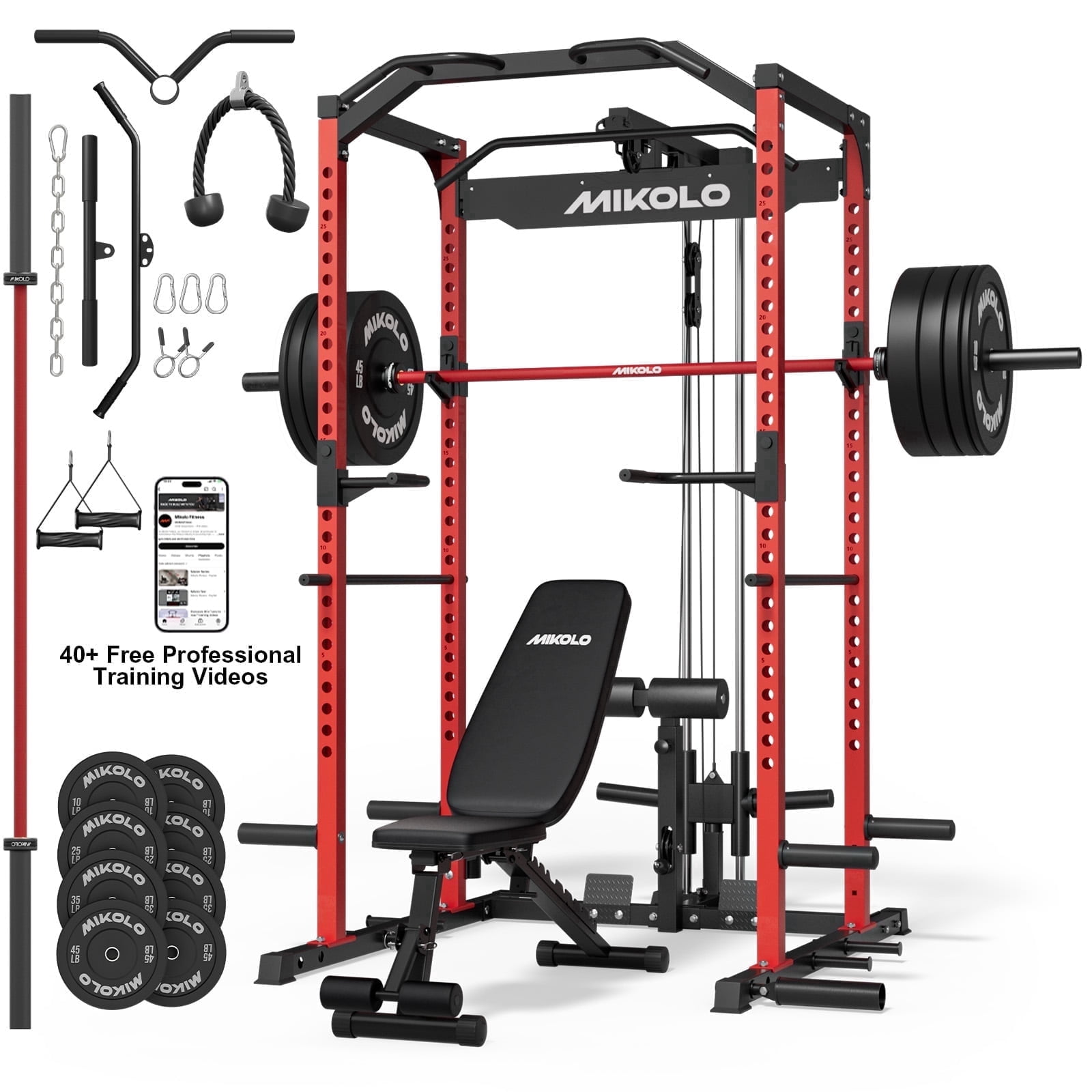 Mikolo Power Rack Cage, 1200LBS Weight Cage with 800LB Capacity Adjustable Weight Bench, 1500LB Capacity Barbell and 230LB Black Plate Set