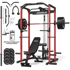 Mikolo Power Rack Cage, 1200LBS Weight Cage with 800LB Capacity Adjustable Weight Bench, 1500LB Capacity Barbell and 230LB Black Plate Set