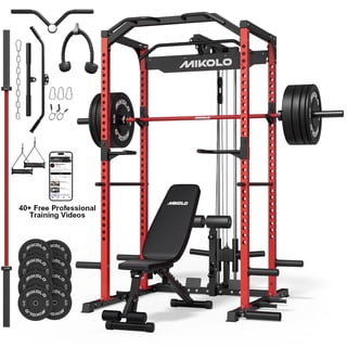 Mikolo Power Rack Cage, 1200LBS Weight Cage with 800LB Capacity Adjustable Weight Bench, 1500LB Capacity Barbell and 230LB Black Plate Set
