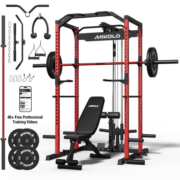 Mikolo Power Rack Cage, 1200LBS Weight Cage with 800LB Capacity Adjustable Weight Bench, 1500LB Capacity Barbell and 70LB Black Plate Set, Red