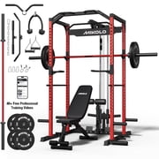 Mikolo Power Rack Cage, 1200LBS Weight Cage with 800LB Capacity Adjustable Weight Bench, 1500LB Capacity Barbell and 70LB Black Plate Set, Red