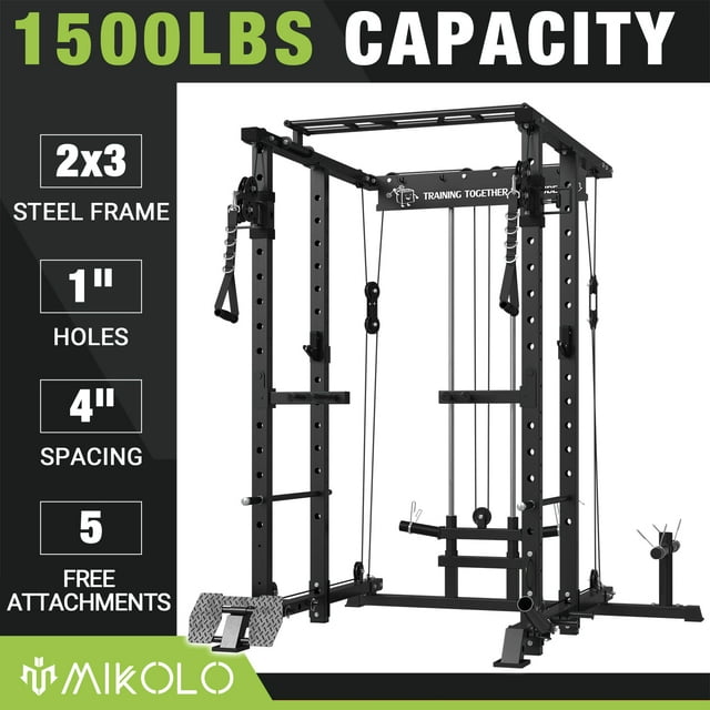 Mikolo 1500 lbs Power Rack Cage with Cable Crossover Machine, Multi-Function Squat Rack with J Hooks, Dip Bars