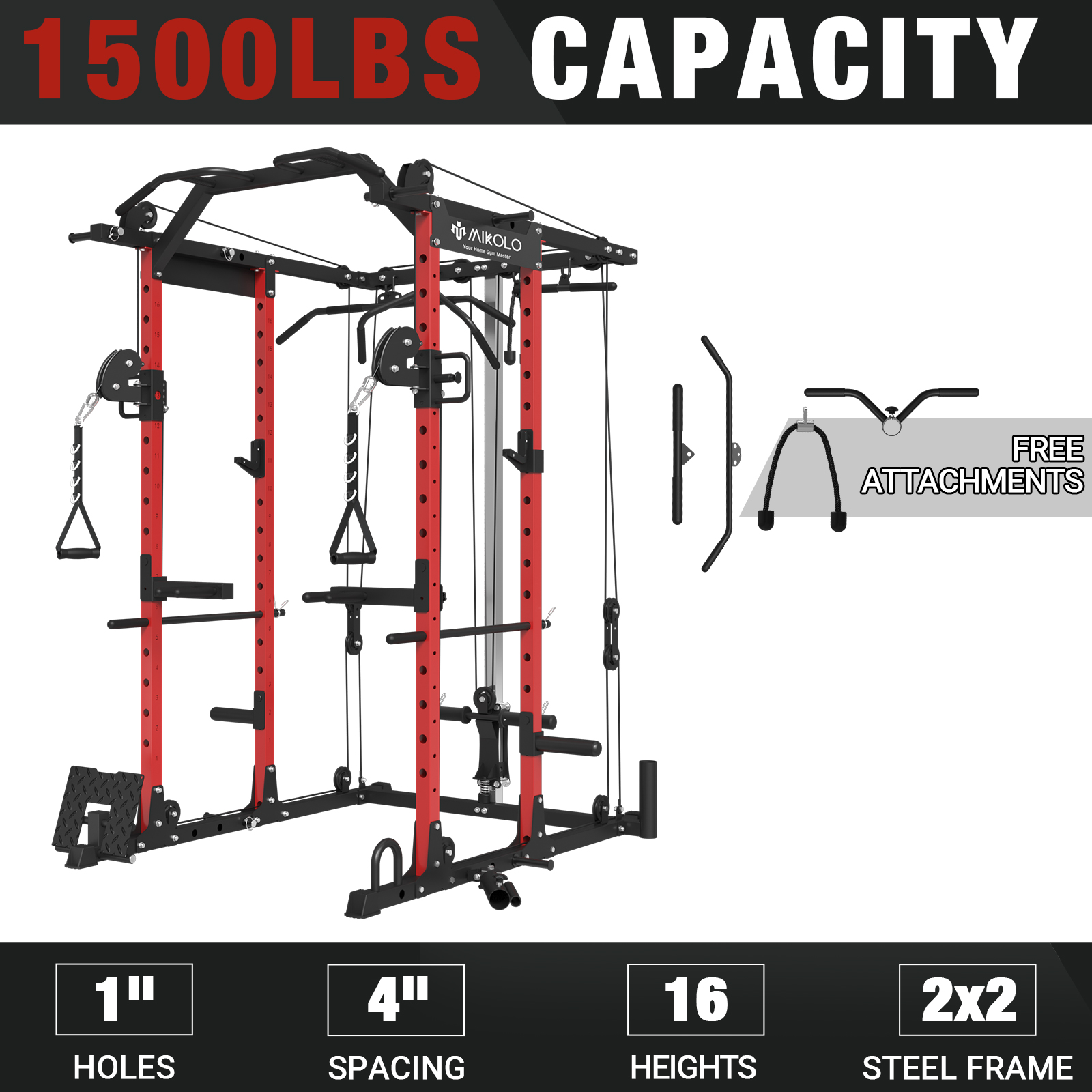 Mikolo Power Rack Cage, 1500 lbs Weight Rack with Cable Crossover Machine,Multi-Function Squat Rack with J Hooks,Dip Bars and Landmine for Home Gym (Red), Plate Loaded Machine - image 1 of 9