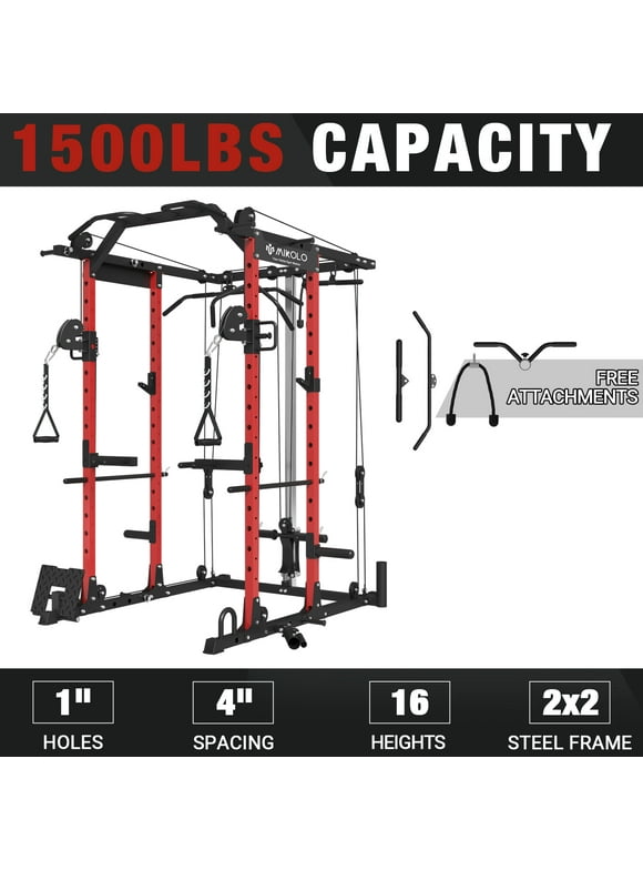 Mikolo Power Rack Cage, 1500 lbs Weight Rack with Cable Crossover Machine,Multi-Function Squat Rack with J Hooks,Dip Bars and Landmine for Home Gym (Red), Plate Loaded Machine