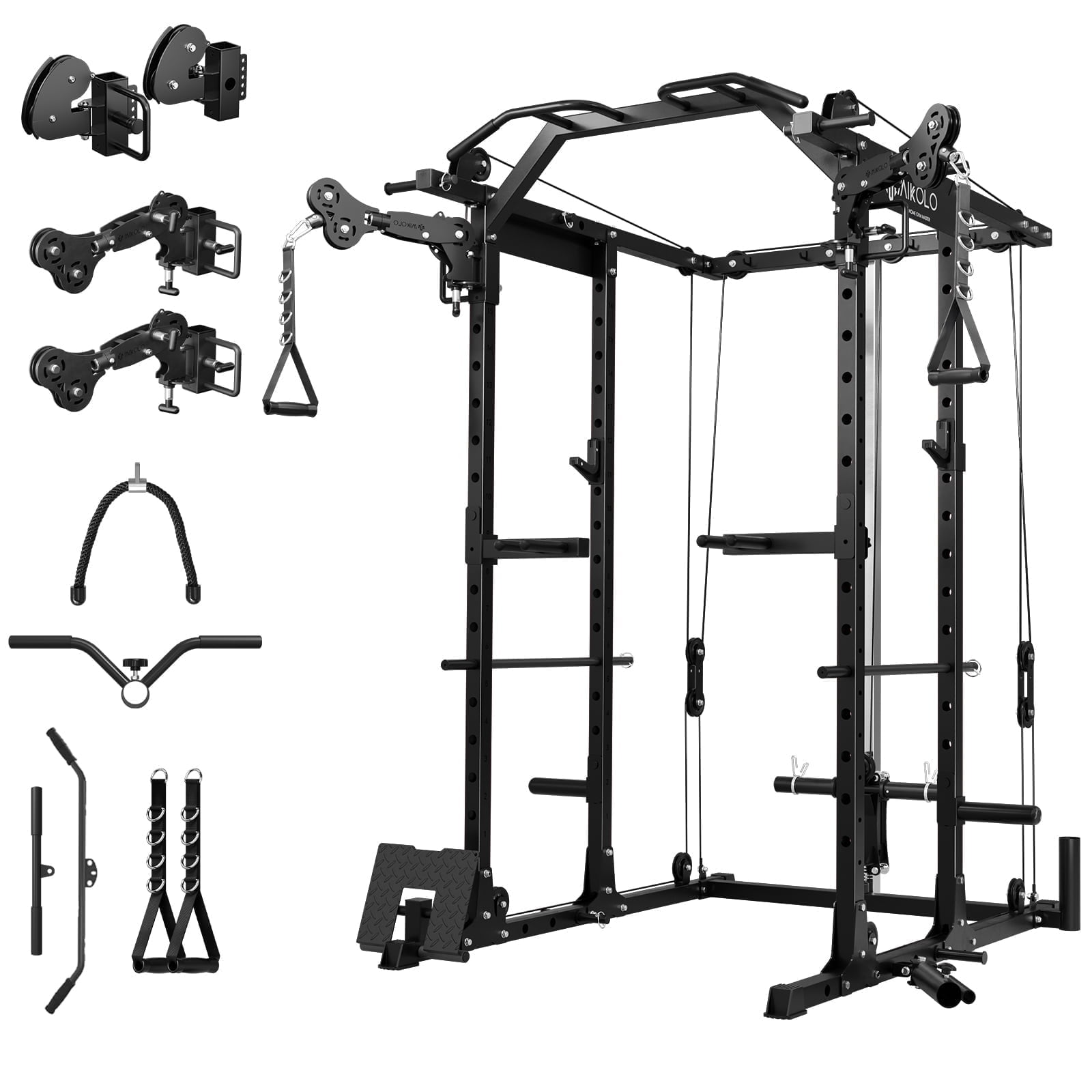 Mikolo Power Rack Cage, 1500 lbs Weight Rack with Cable Crossover Machine, Multi-Function Squat Rack with J Hooks, Dip Bars and Landmine for Home Gym (Black) Functional Trainer Arm