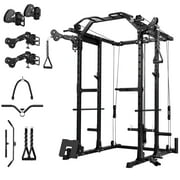 Mikolo Power Rack Cage, 1500 lbs Weight Rack with Cable Crossover Machine, Multi-Function Squat Rack with J Hooks, Dip Bars and Landmine for Home Gym Black Functional Trainer Arm
