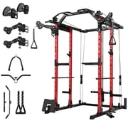 Mikolo Power Rack Cage, 1500 lbs Weight Rack with Cable Crossover Machine, Multi-Function Squat Rack with J Hooks, Dip Bars and Landmine for Home Gym Red Functional Trainer Arm