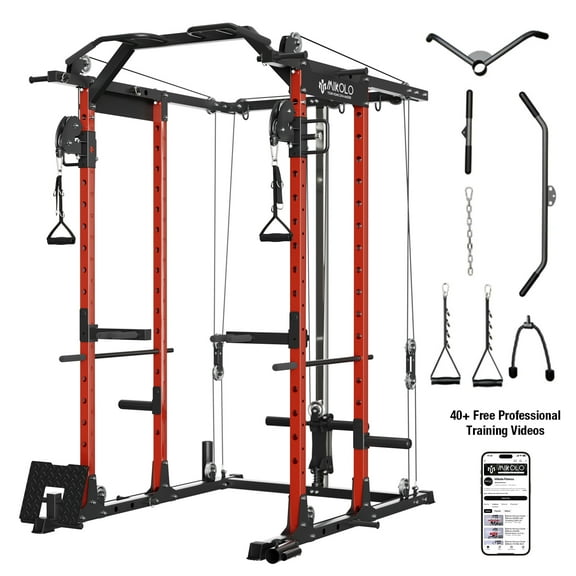 Mikolo Power Rack Cage, Weight Rack with Cable Crossover Machine,Multi-Function Squat Rack with J Hooks,Dip Bars and Landmine for Home Gym (Red)