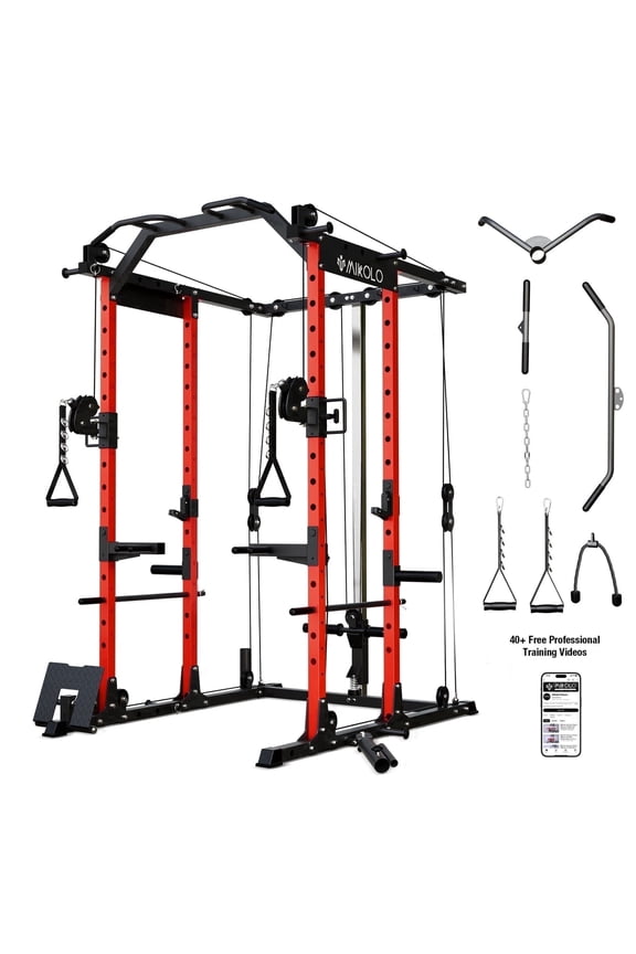 Power Rack Cage, Weight Rack with Cable Crossover Machine,Multi-Function Squat Rack with J Hooks,Dip Bars and Landmine for Home Gym Red