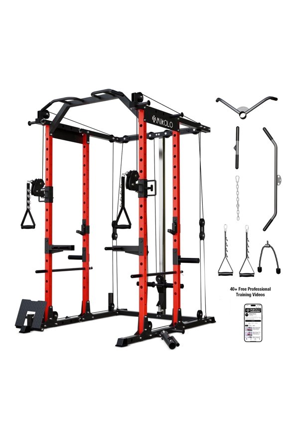 Power Rack Cage, Weight Rack with Cable Crossover Machine,Multi-Function Squat Rack with J Hooks,Dip Bars and Landmine for Home Gym Red