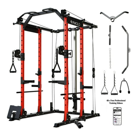 Mikolo Power Rack Cage, Weight Rack with Cable Crossover Machine,Multi-Function Squat Rack with J Hooks,Dip Bars and Landmine for Home Gym (Red)