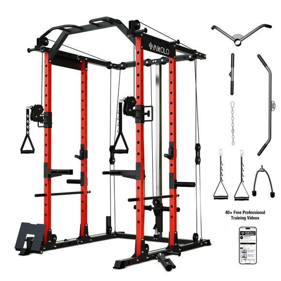 Mikolo Power Rack Cage, Weight Rack with Cable Crossover Machine,Multi-Function Squat Rack with J Hooks,Dip Bars and Landmine for Home Gym (Red)