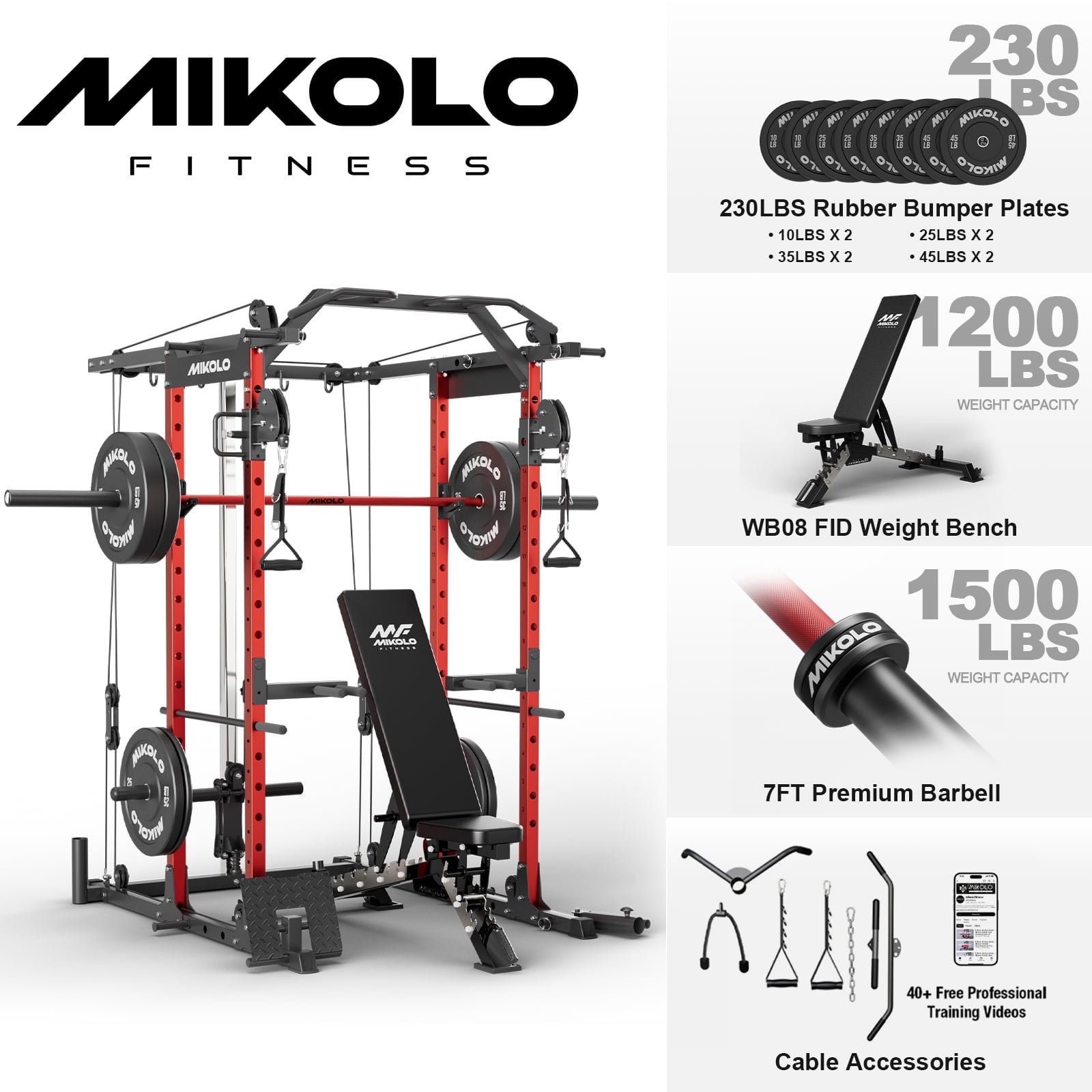 Power Cage-Red/WB08 Home Gym Package (230LBS Plates)