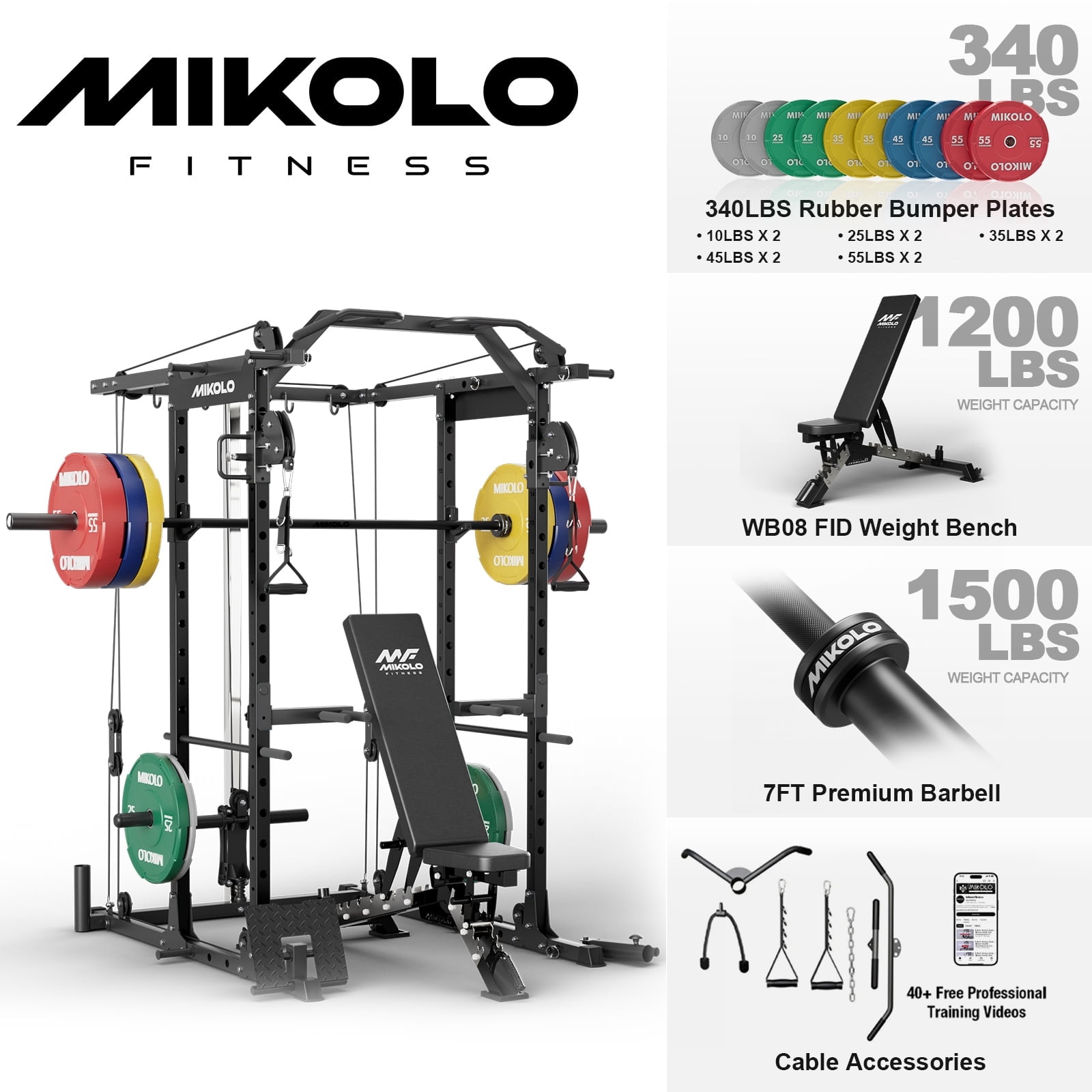 Black-WB08 Home Gym Package(340LBS Colorful Plate)