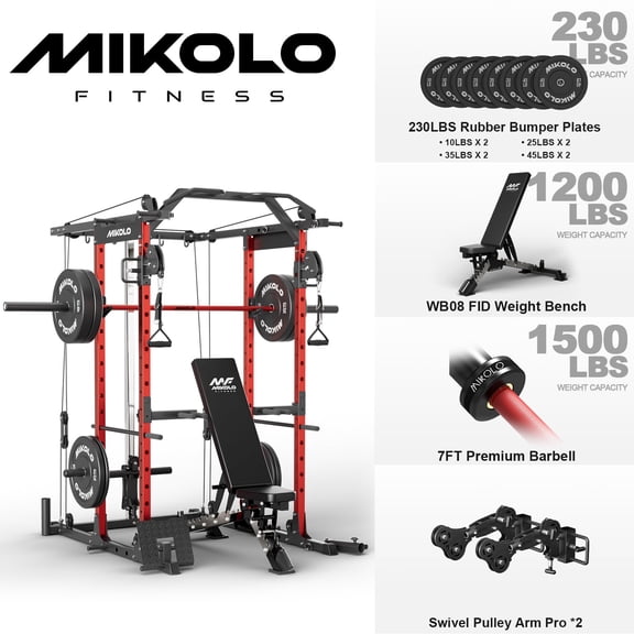 Mikolo Power Rack Cage, 1500LBS Weight Cage with 1200LB Capacity Adjustable Weight Bench, 1500LB Capacity Barbell, Updated Functional Trainer Arm and 230LB Weight Plate Red