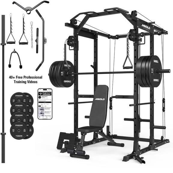 Mikolo Power Rack Cage, 1500LBS Weight Cage with 800LB Capacity Adjustable Weight Bench, 1500LB Capacity Barbell and 230LB Weight Plate set(Black Combo)