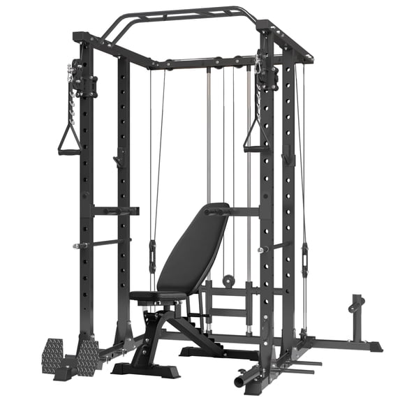 Mikolo Power Rack Cage, 1500LBS Weight Cage with 800LB Capacity Adjustable Weight Bench, Multi-Function Workout Rack Cage with Storage System, J-Hook, Band Peg, Battle Rope Ring Home Gym