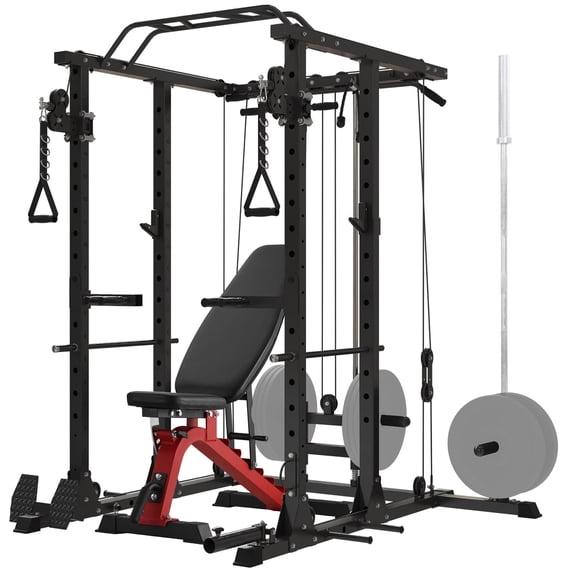 Mikolo Power Rack Cage, 1500LBS Weight Cage with 800LB Capacity Adjustable Weight Bench, Multi-Function Workout Rack Cage with Storage System, J-Hook, Band Peg, Battle Rope Ring Home Gym