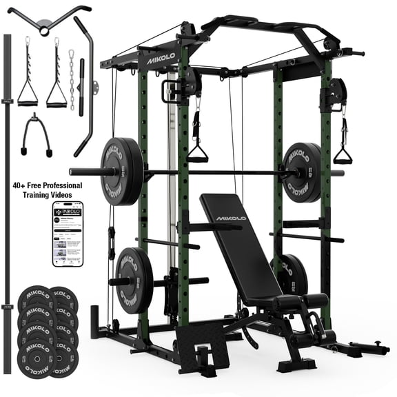 Mikolo Power Rack Cage, 1500LBS Weight Cage with 1200LB Capacity Adjustable Weight Bench, 1500LB Capacity Barbell and 230LB Weight Plate Set Green