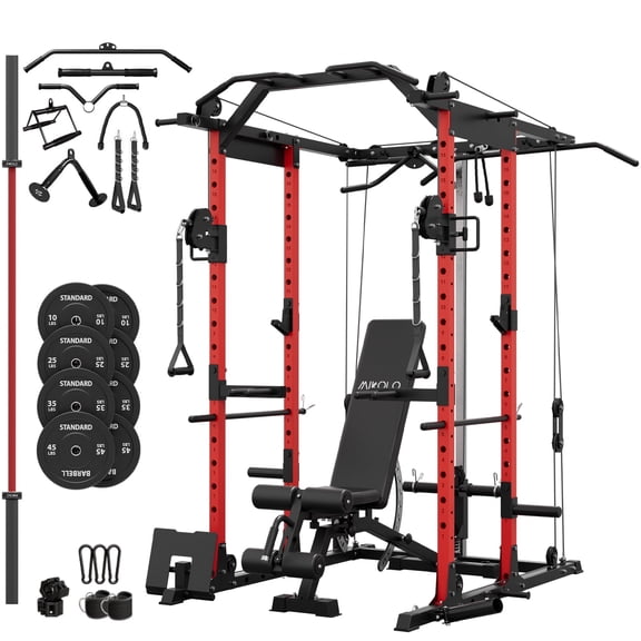 Mikolo Power Rack Cage, 1500LBS Weight Cage with 800LB Capacity Adjustable Weight Bench, 1500LB Capacity Barbell and 230LB Weight Plate Set Red