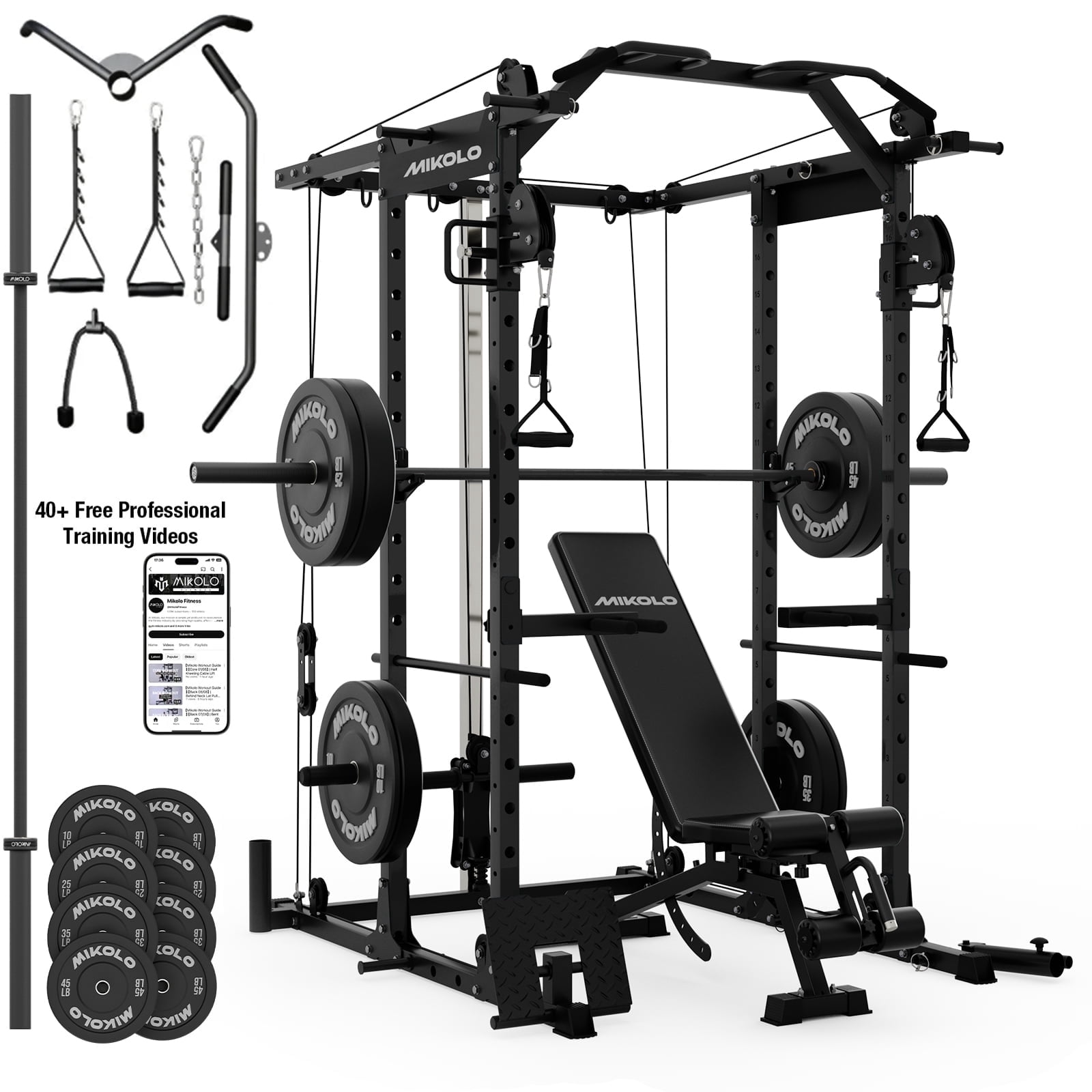 Mikolo Power Rack Cage, 1500LBS Weight Cage with 800LB Capacity Adjustable Weight Bench, 1500LB Capacity Barbell and 230LB Weight Plate set(B230B)